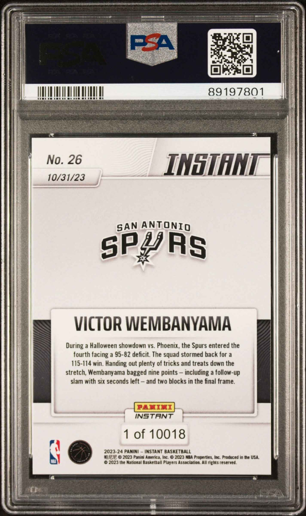 Graded 2023 Panini Instant Victor Wembanyama #26 Rookie RC Basketball Card PSA 9 Mint