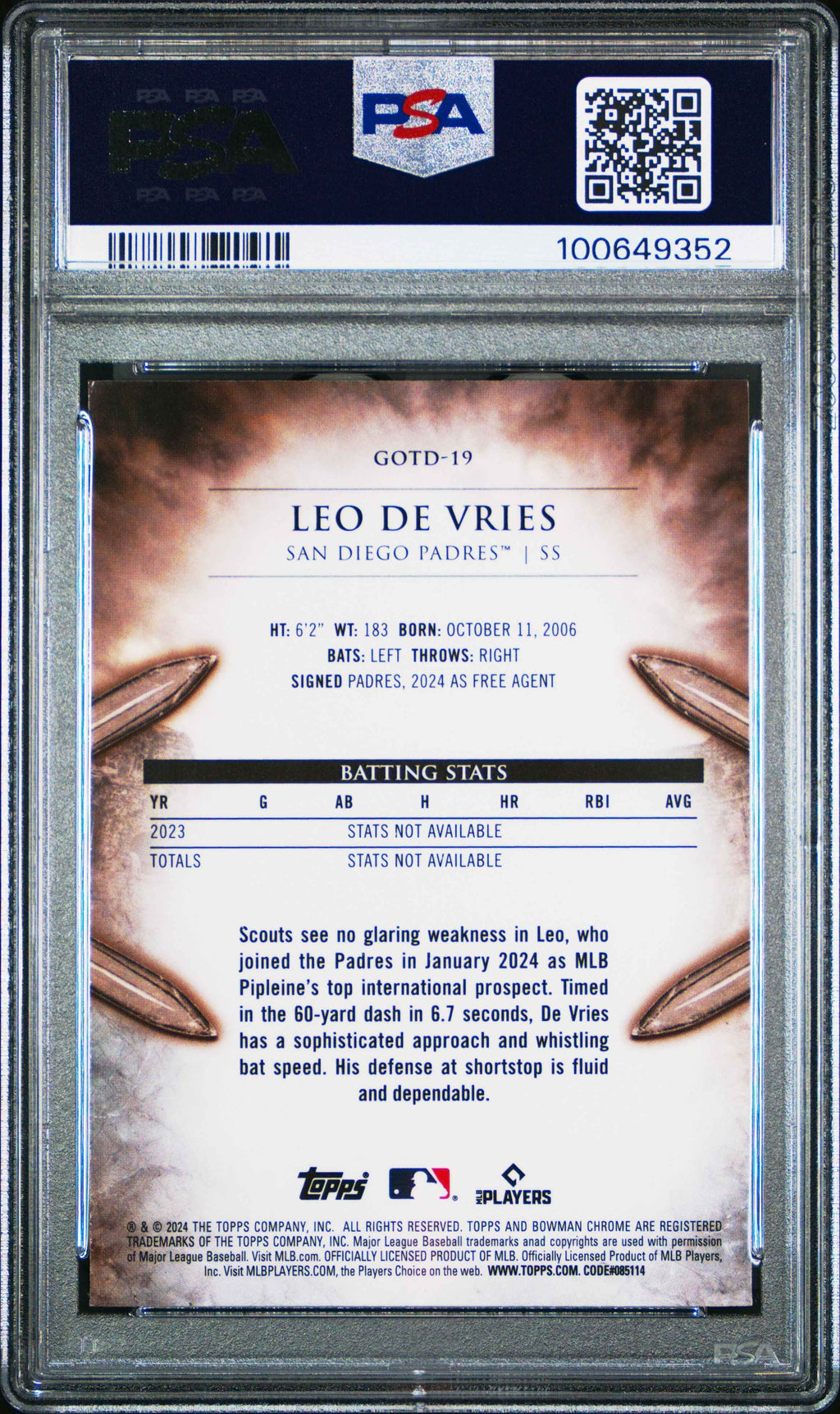 Graded 2024 Topps Bowman Chrome Leo De Vries #19 Gladiators of the Diamond Rookie RC Baseball Card PSA 10 Gem Mint