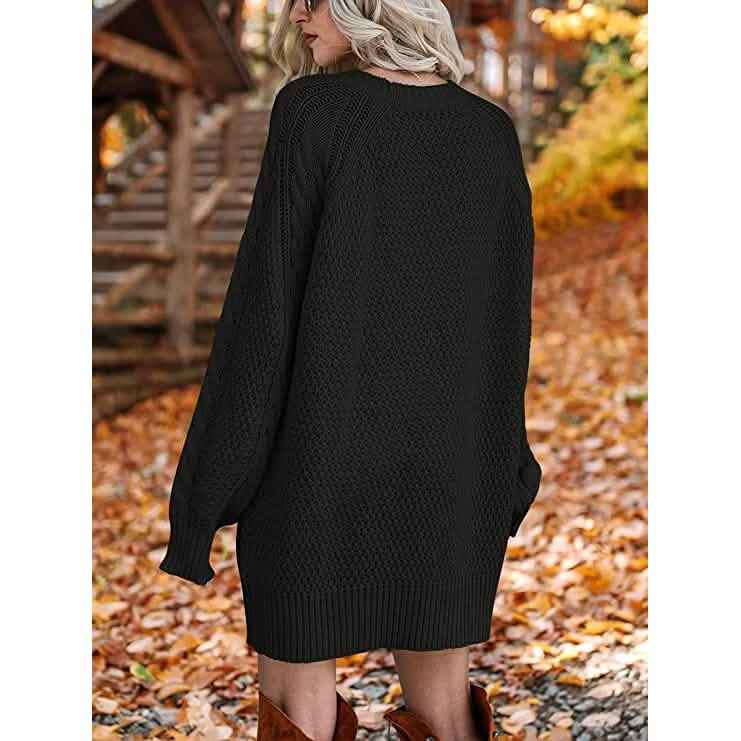 Women Crewneck Long Sleeve Oversized Cable Knit Chunky Pullover Short Sweater Dresses