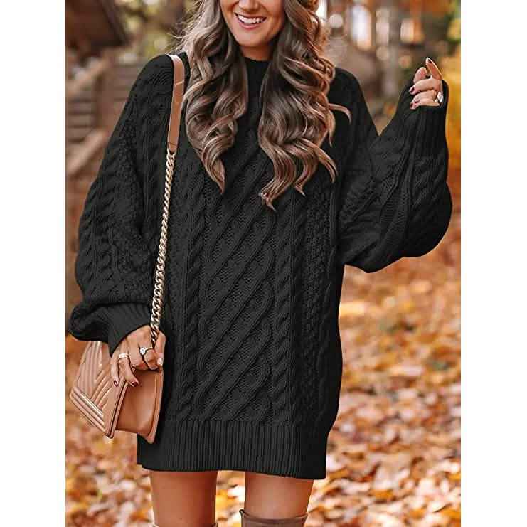Women Crewneck Long Sleeve Oversized Cable Knit Chunky Pullover Short Sweater Dresses