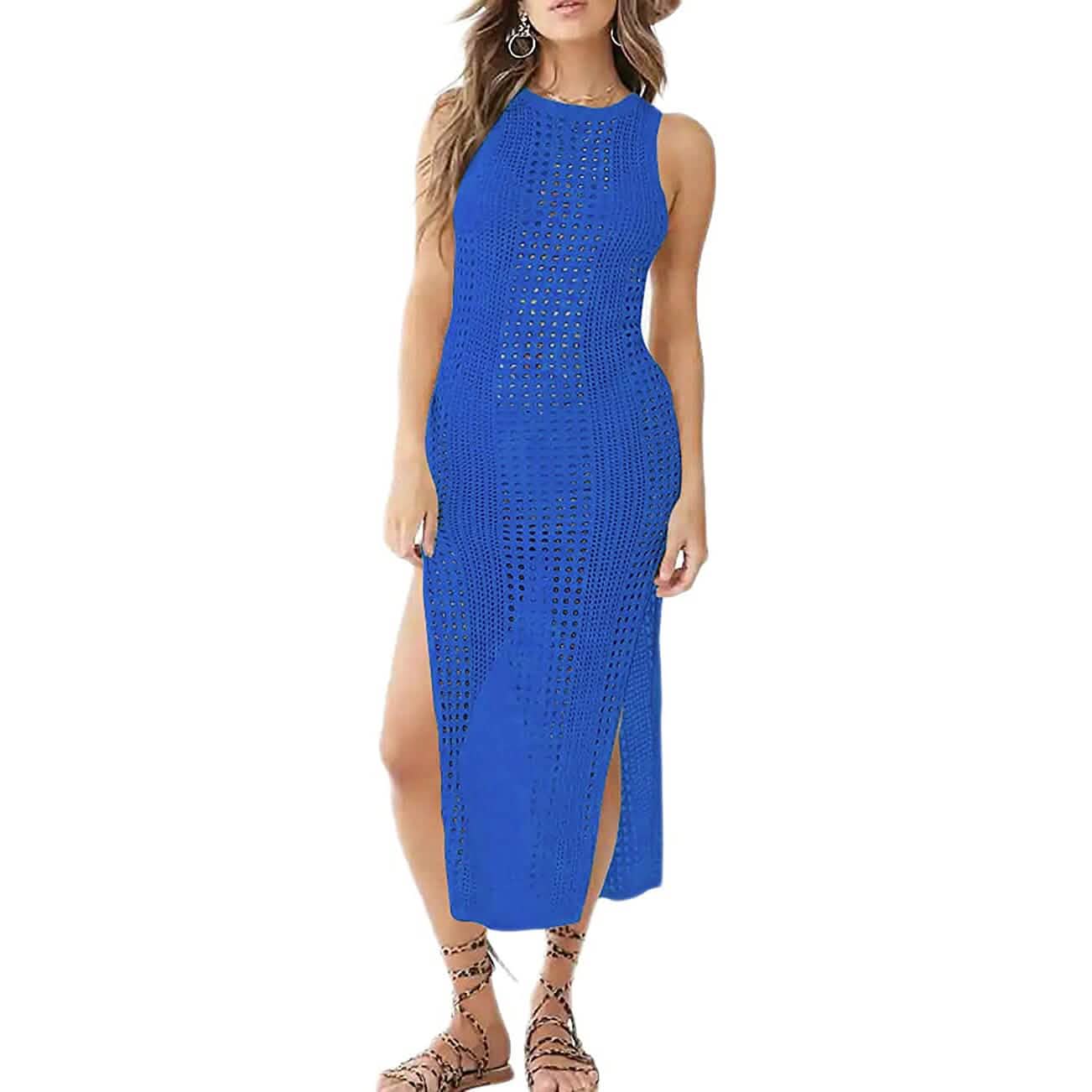 Women Hollow Out Sleeveless Bikini Swimsuit Side Split Long Beach Dresses