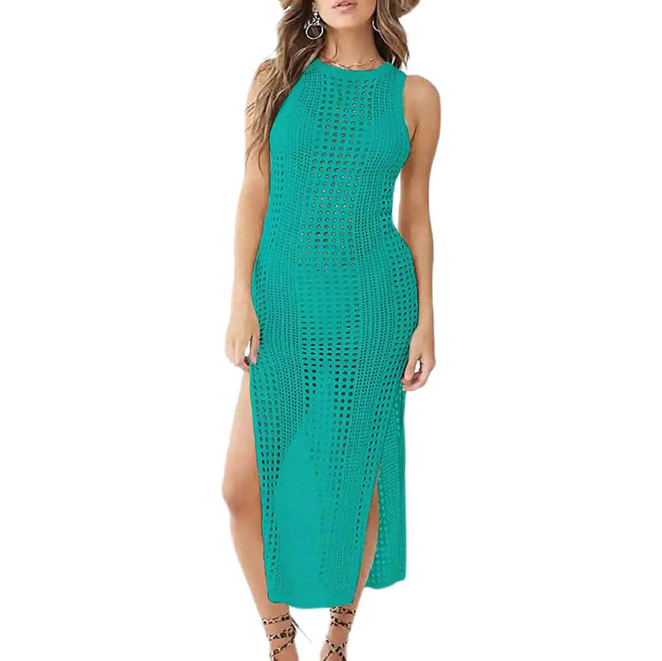 Women Hollow Out Sleeveless Bikini Swimsuit Side Split Long Beach Dresses