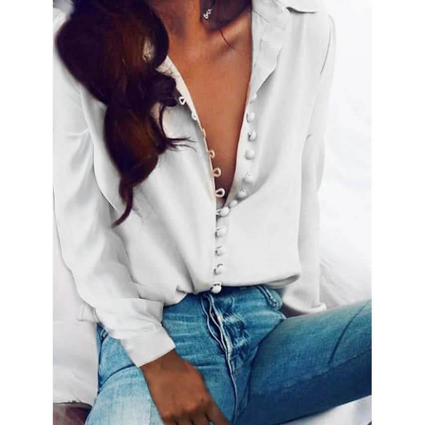 Women's Blouse Shirt Solid Colored Long Sleeve Button V Neck Basic Tops
