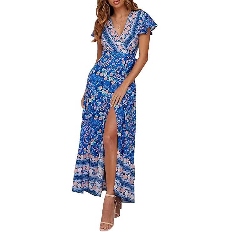Women's Bohemian Floral Printed Wrap V Neck Maxi Dress