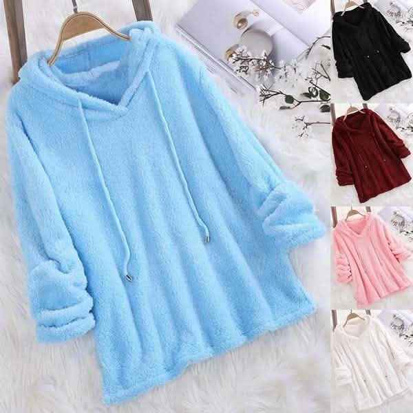 Women's Fleece Hoodie Solid Color Long Sleeve Sweatshirt