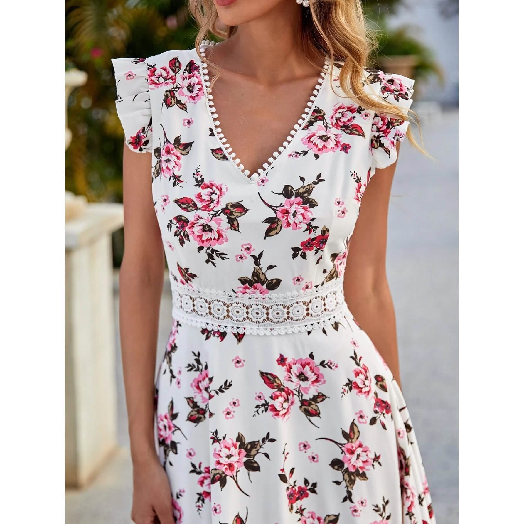 Women's Full Body Floral Print High Low Hem A-Line Dress