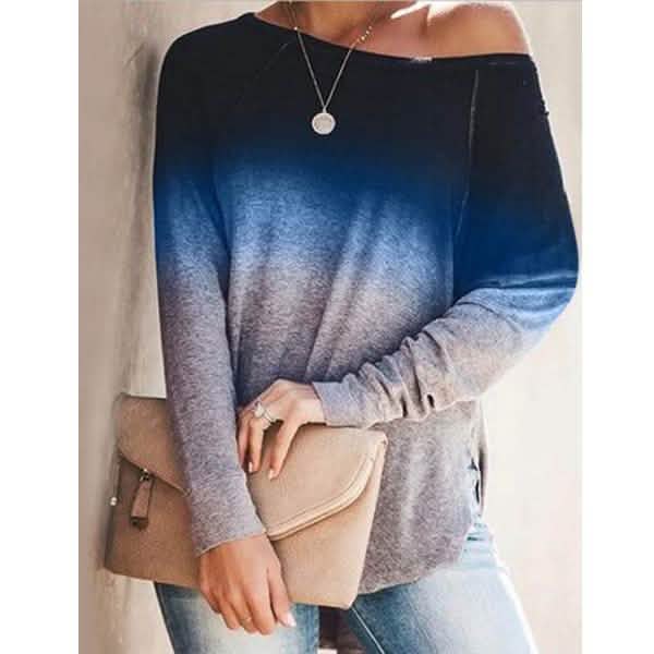 Womens Gradient Color O-neck Long Sleeves