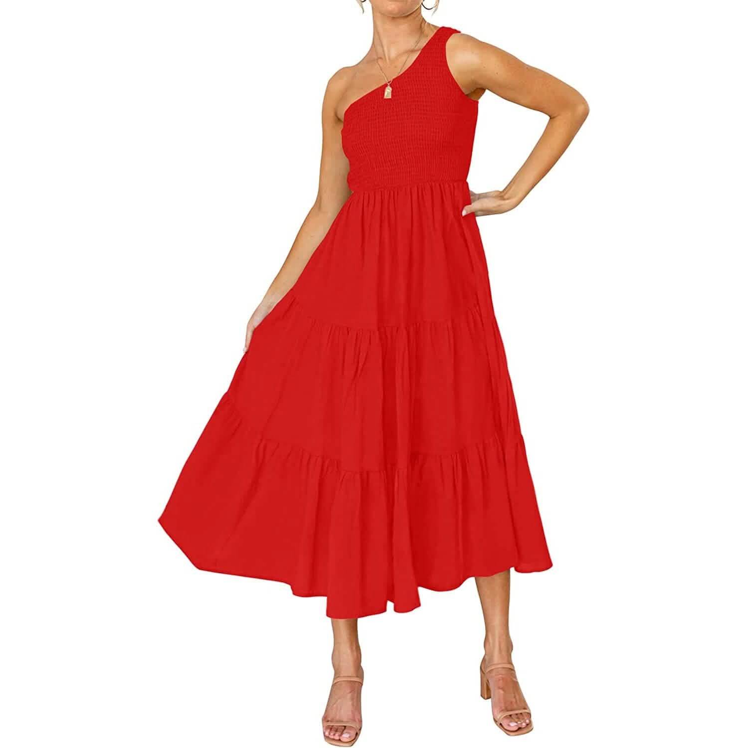 Womens One Shoulder Sleeveless Smocked Ruffle Tiered Beach Long Midi Dress