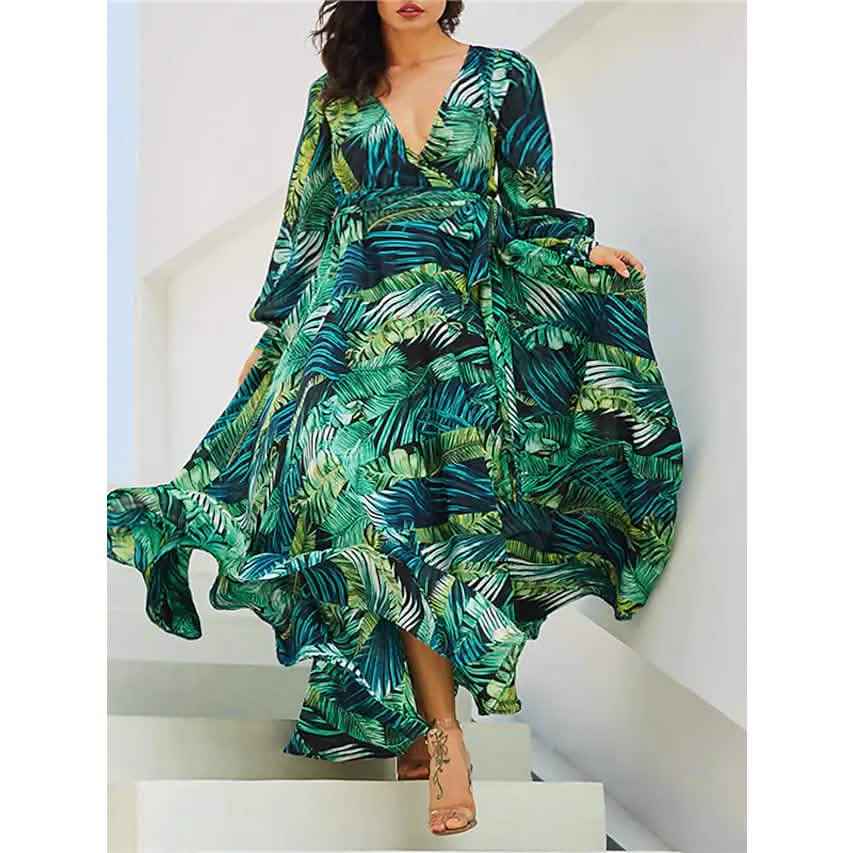 Women's Plus Size A Line Dress Floral V Neck Print Lantern Sleeve