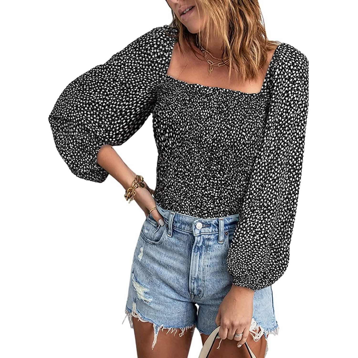 Women's Puff Long Sleeve Square Neck Tops