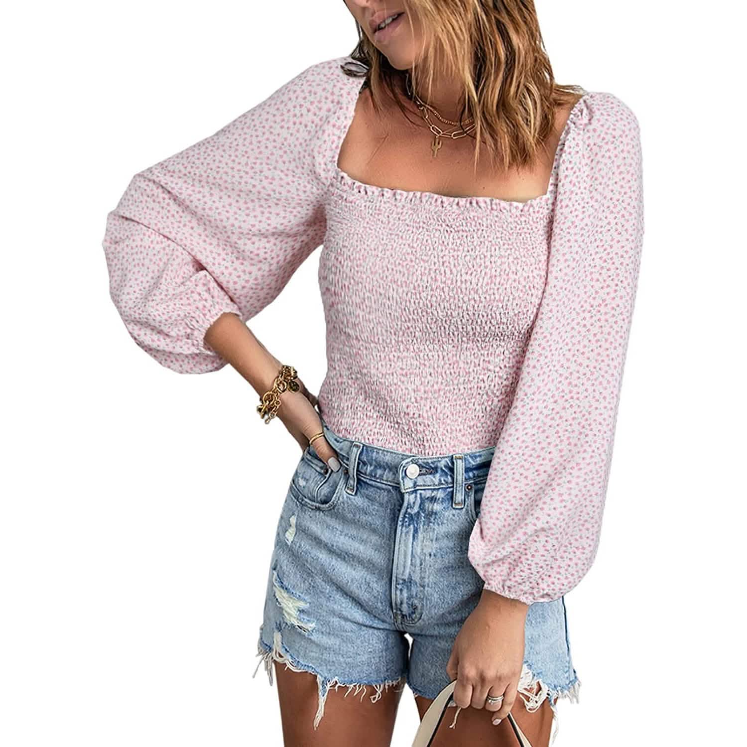 Women's Puff Long Sleeve Square Neck Tops