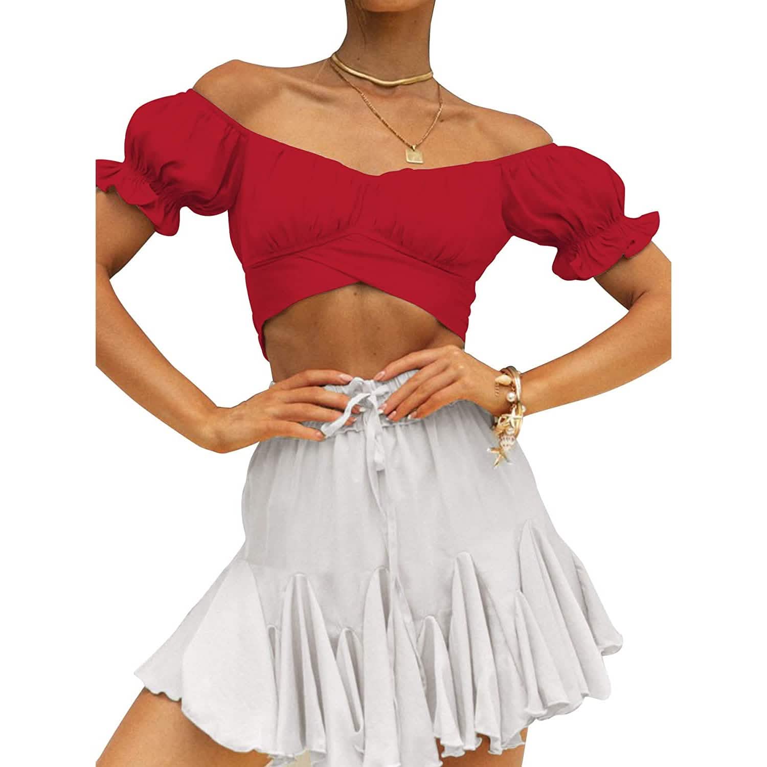 Women's Ruffle Short Sleeve Tie Shirt