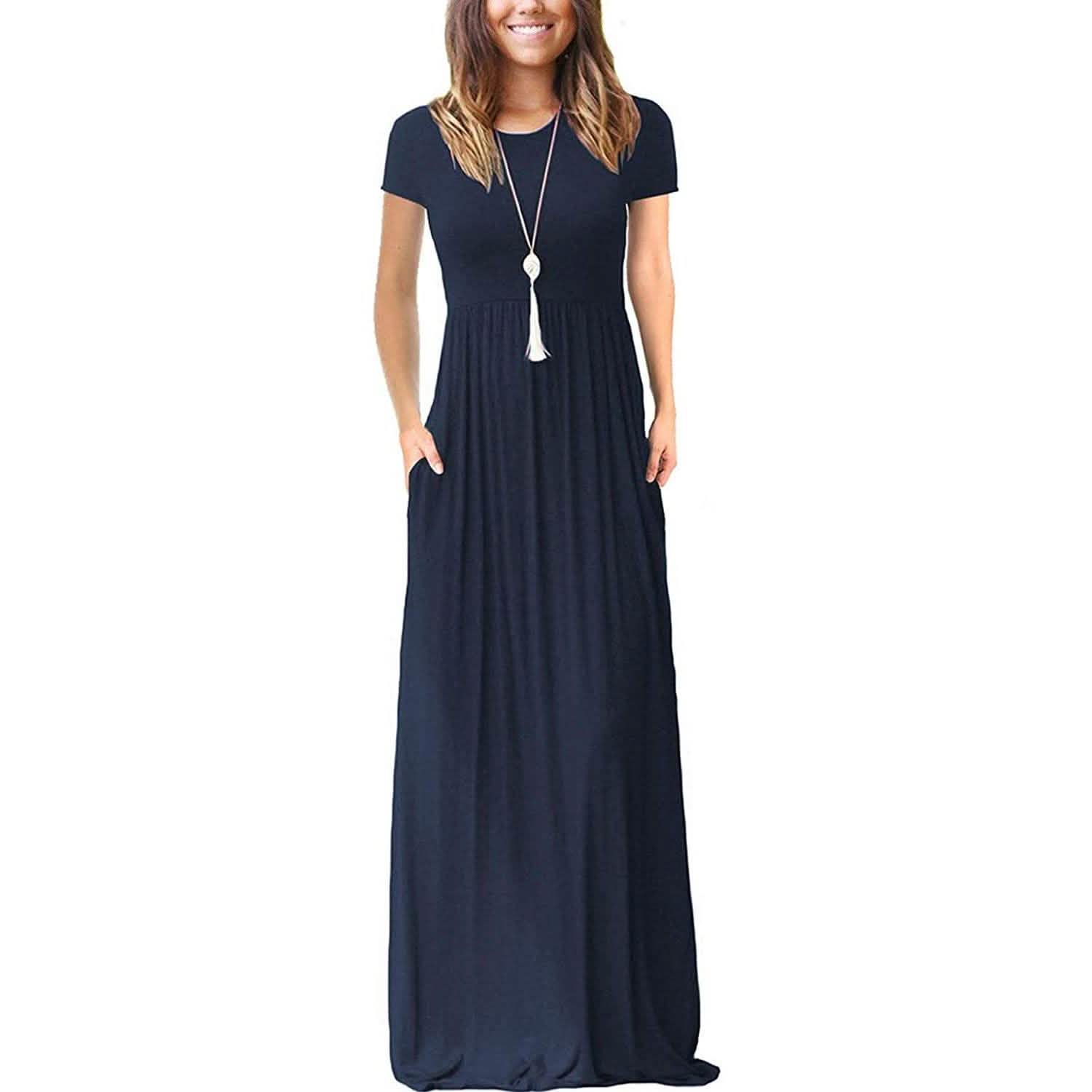 Women's Short Sleeve Loose Casual Long Dresses with Pockets