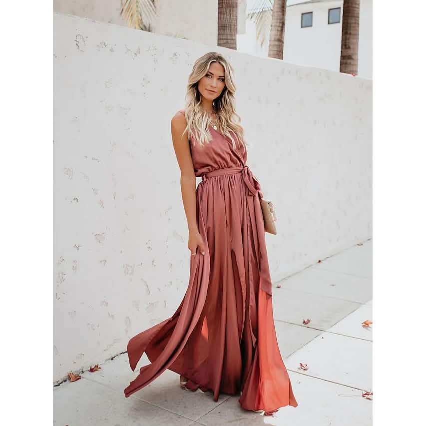 Women's Solid Color Slit Tie Maxi Dress