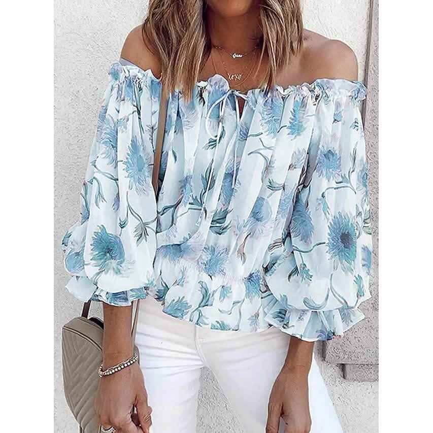 Women's T-Shirt Floral Print Off Shoulder Top Puff Sleeves
