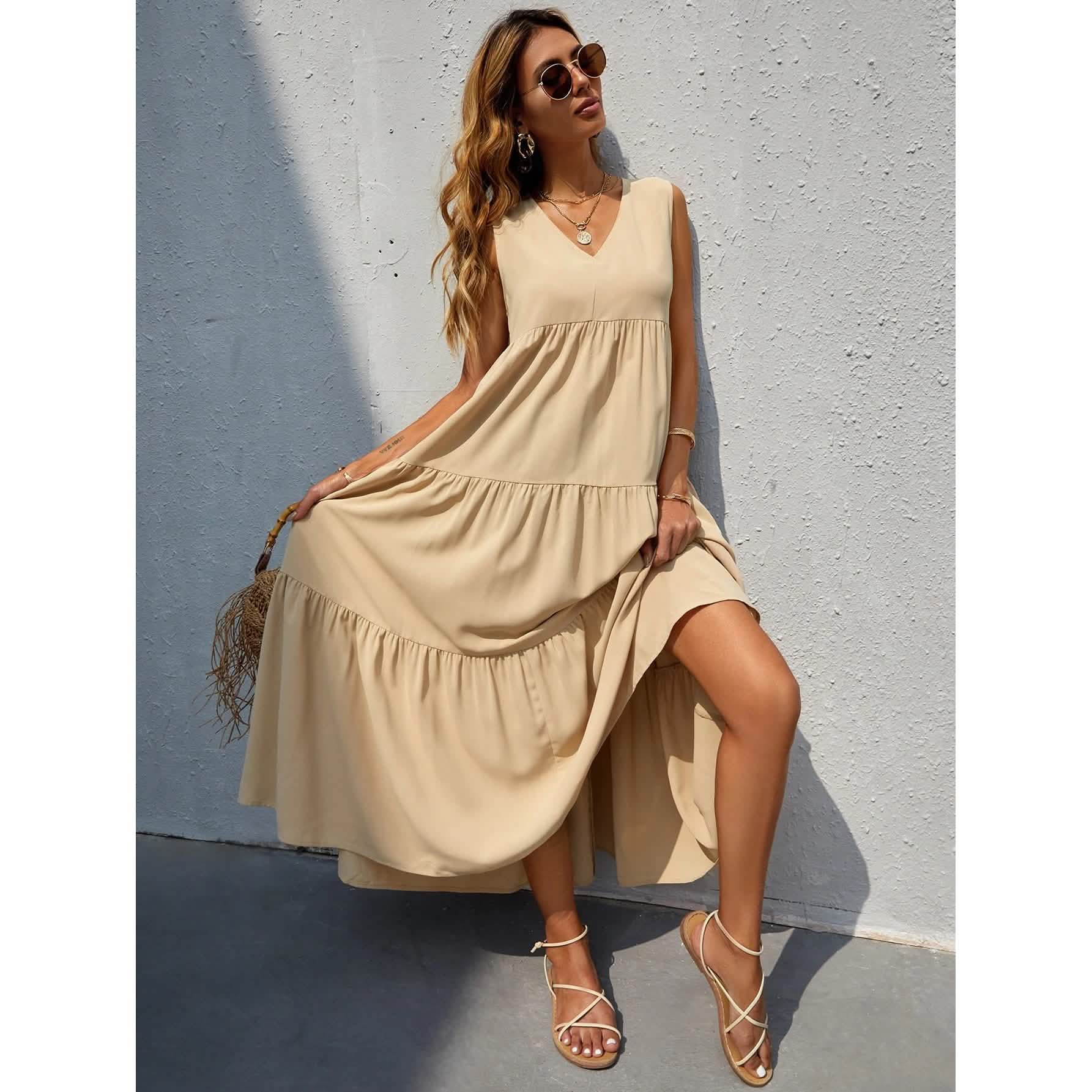 Women's V-neck Ruffle Hem Solid Dress