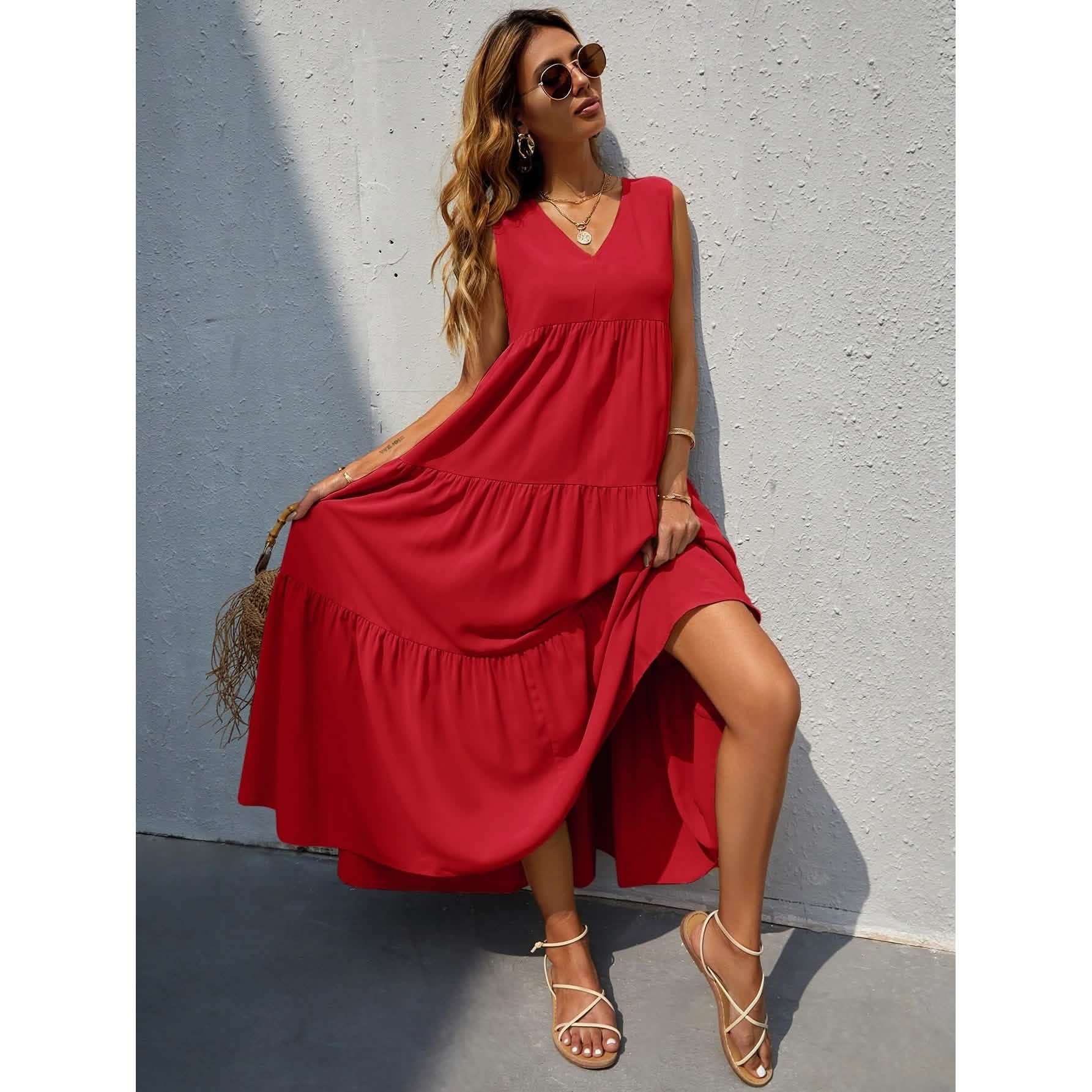 Women's V-neck Ruffle Hem Solid Dress