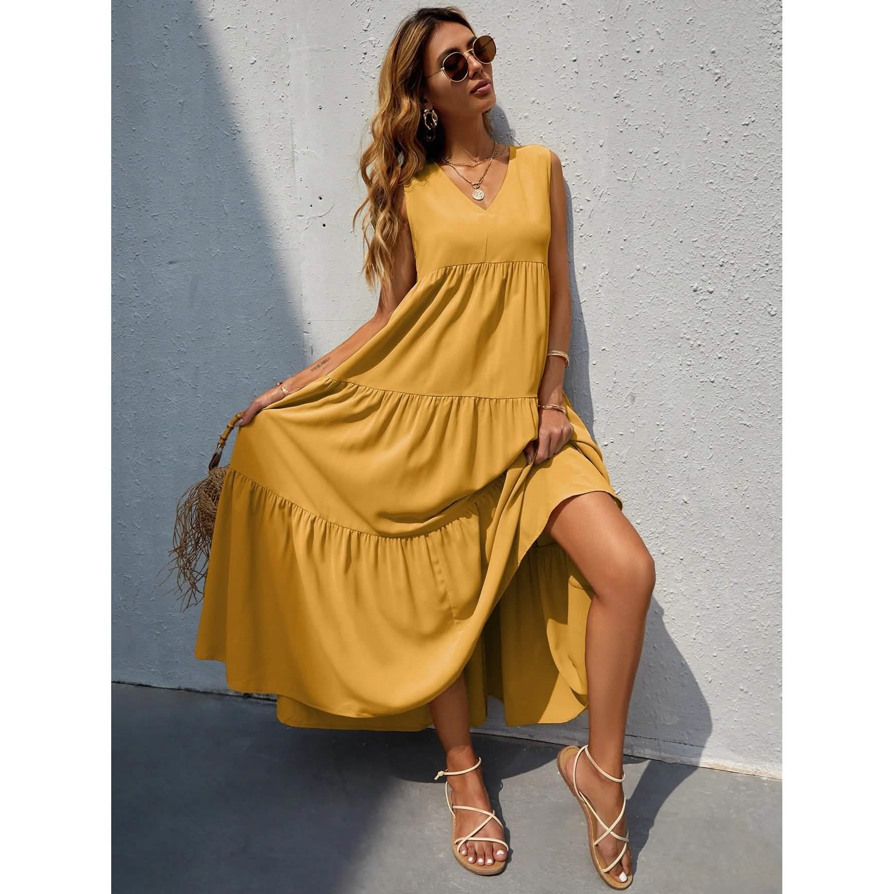 Women's V-neck Ruffle Hem Solid Dress