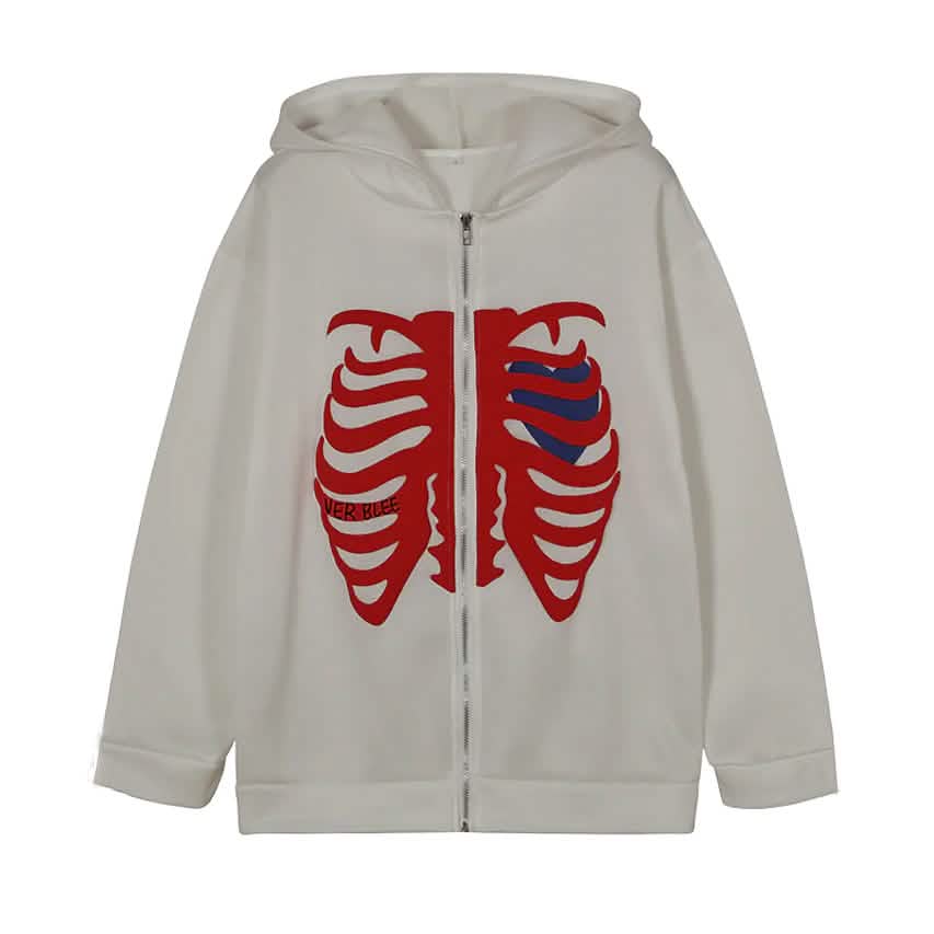 Women's Zip Up Skeleton Letter Hoodie Sweatshirt