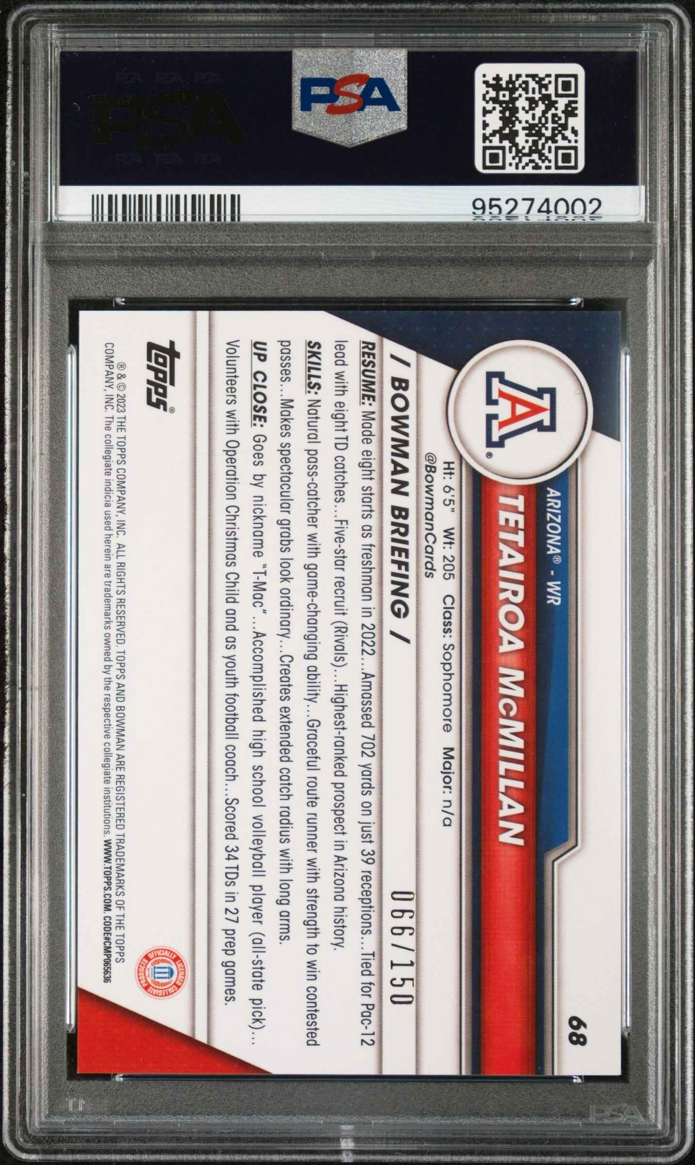 Graded 2023 Topps Bowman U Chrome Tetairoa McMillan #68 Fuchsia Mini Diamond Refractor /150 Rookie RC Football Card PSA 10 Gem Mint