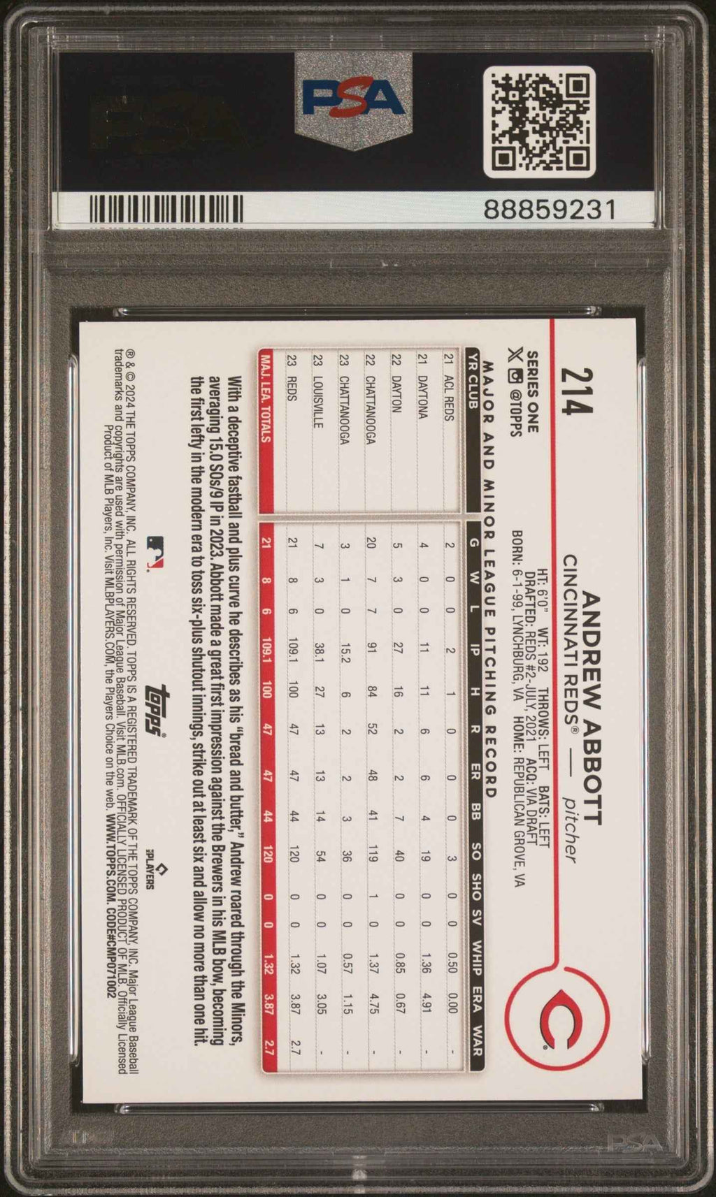Graded 2024 Topps Andrew Abbott #214 Rookie RC Baseball Card PSA 10 Gem Mint