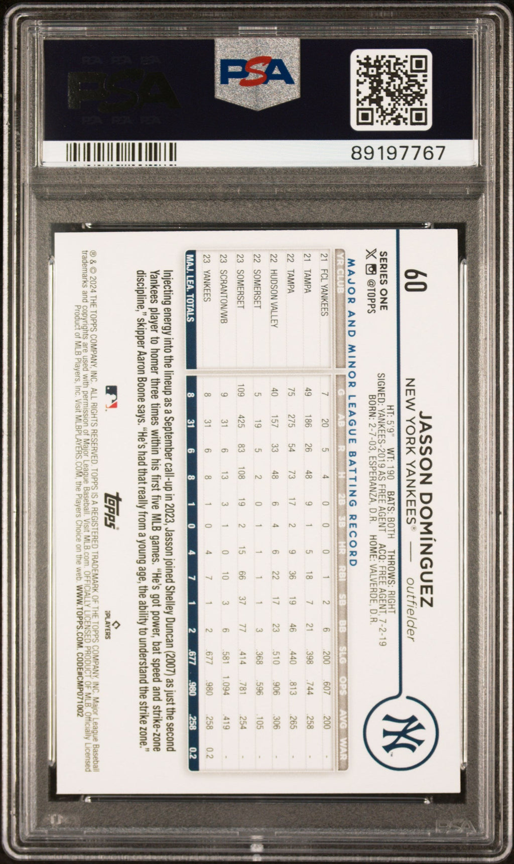 Graded 2024 Topps Jasson Dominguez #60 Rookie RC Baseball Card PSA 8 Near Mint