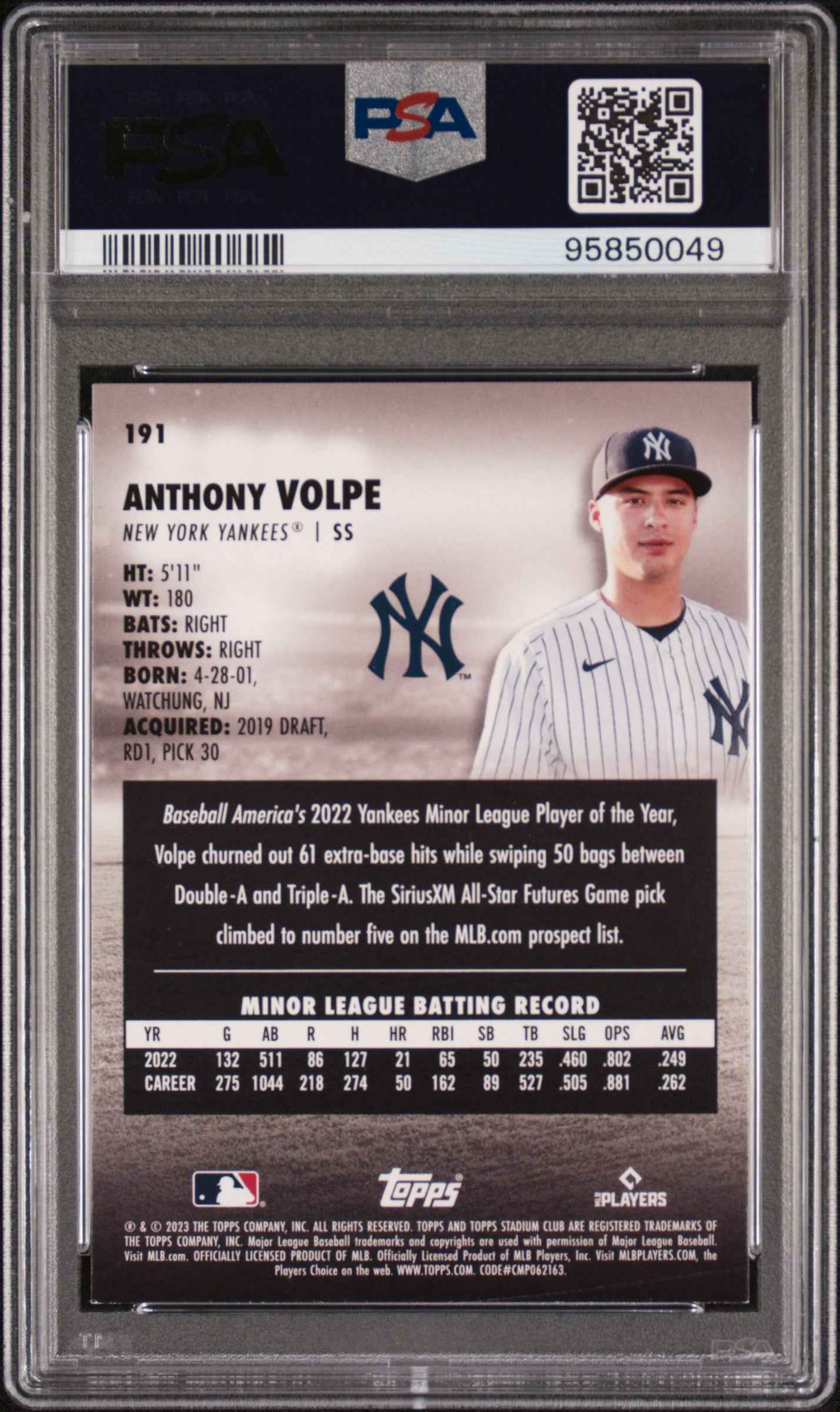 Graded 2023 Topps Stadium Club Anthony Volpe #191 Rookie RC Baseball Card PSA 8 Near Mint