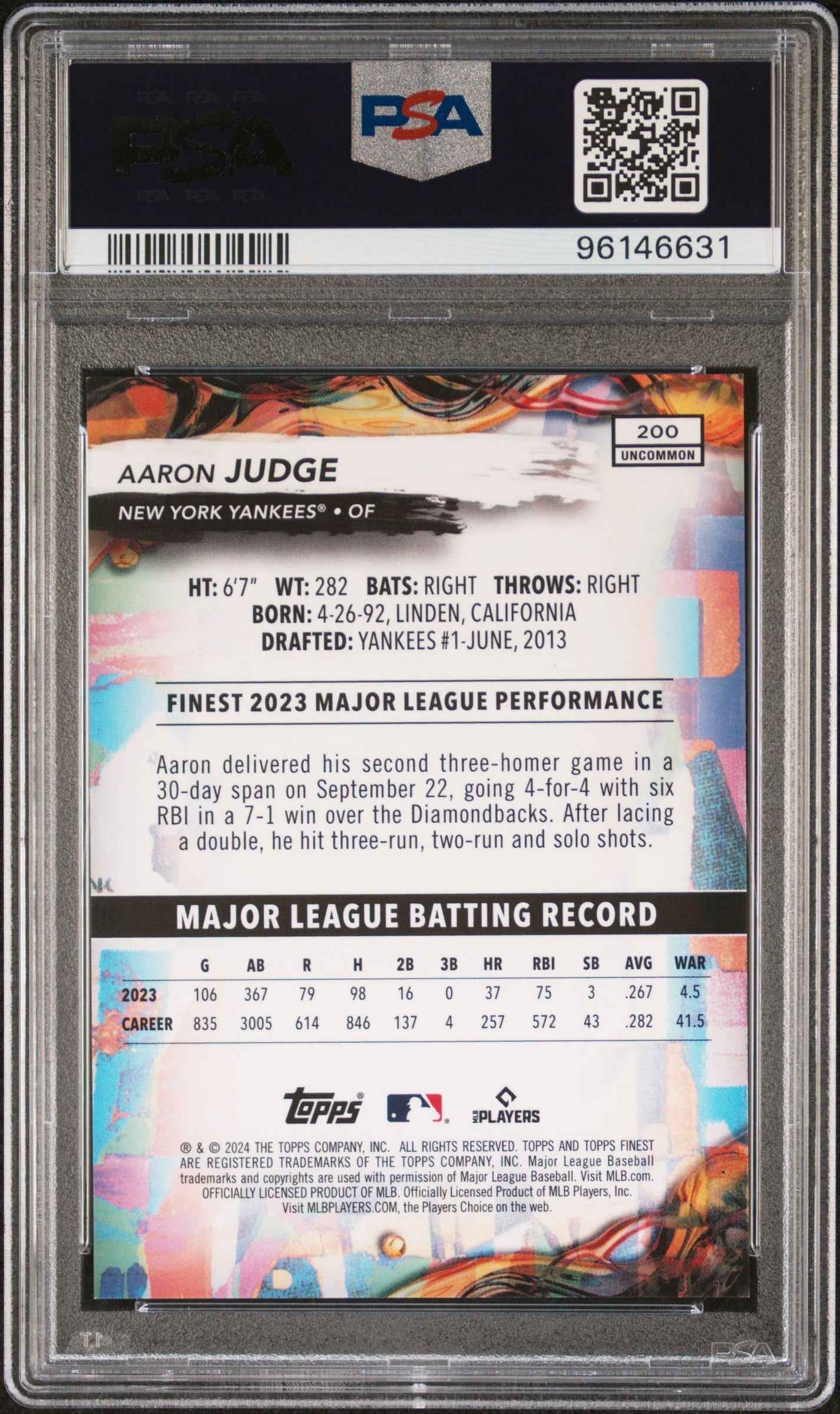 Graded 2024 Topps Finest Aaron Judge #200 Purple Refractor /200 Baseball Card PSA 10 Gem Mint