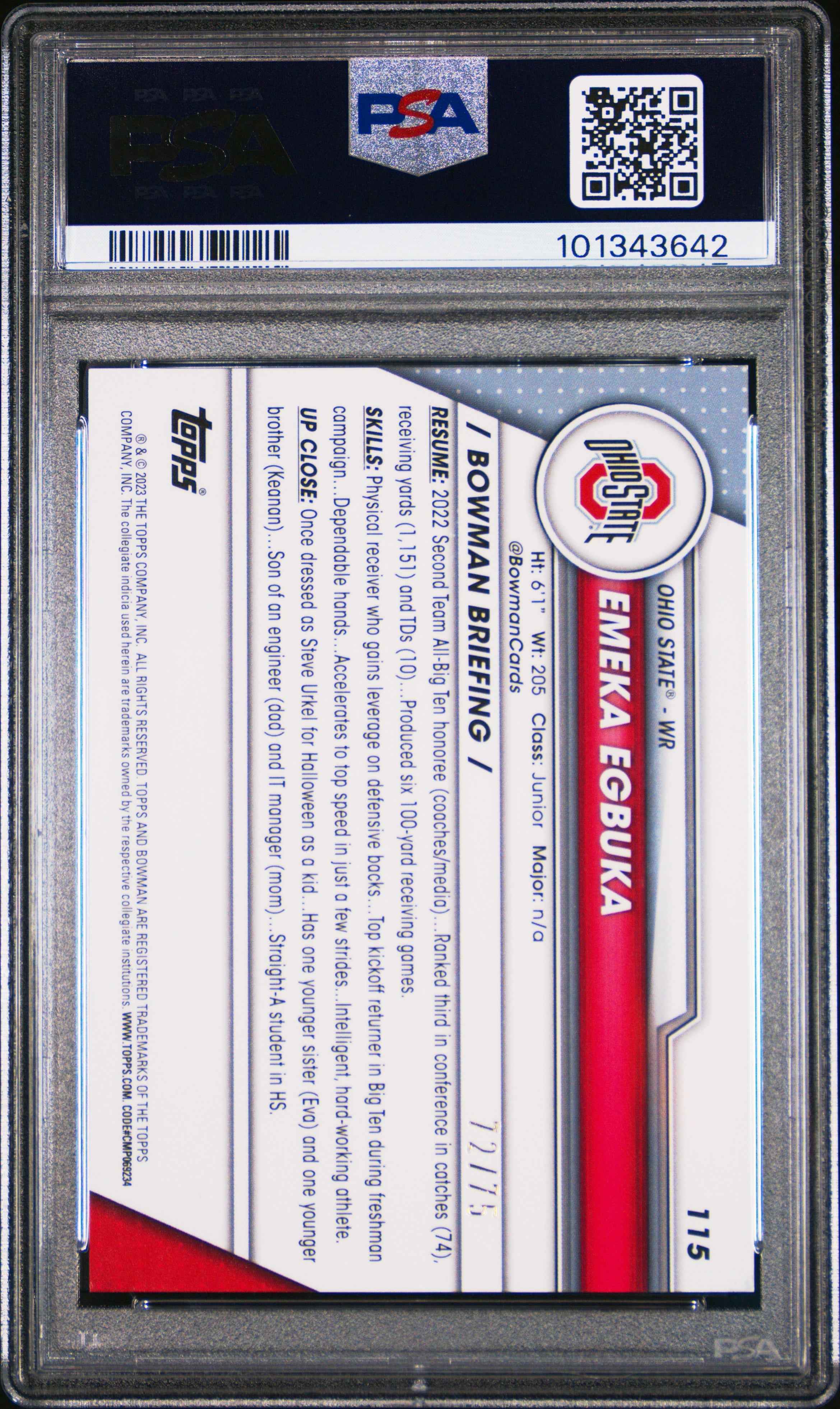 Graded 2023 Topps Bowman U Sapphire Emeka Egbuka #115 Yellow /75 Rookie RC Football Card PSA 10 Gem Mint