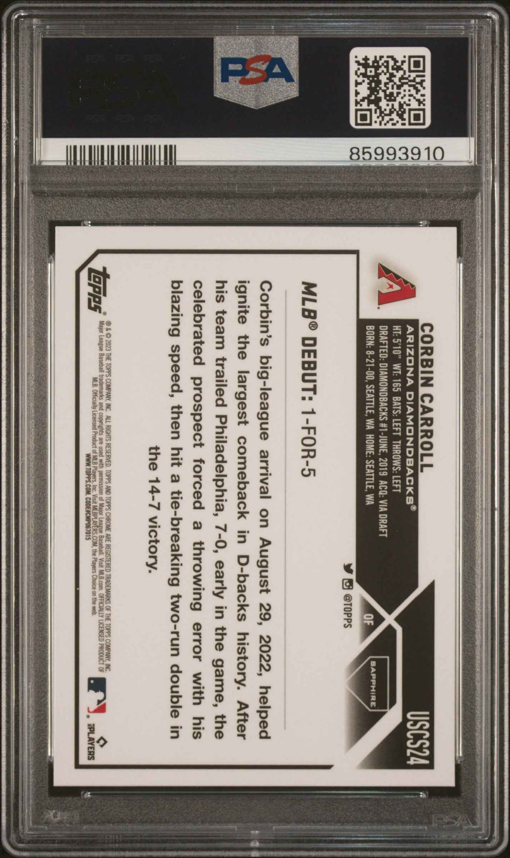 Graded 2023 Topps Chrome Update Sapphire Edition Corbin Carroll #24 Rookie RC Baseball Card PSA 10 Gem Mint