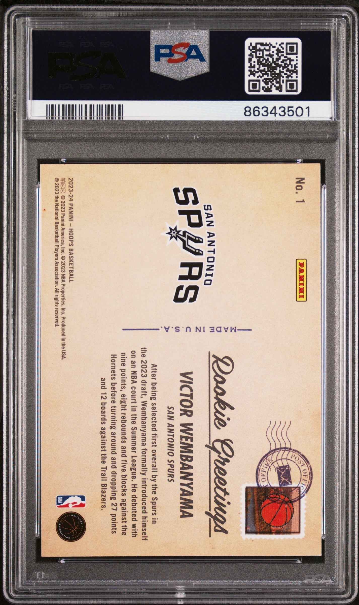 Graded 2023 Panini NBA Hoops Victor Wembanyama #1 Rookie Greetings Winter Rookie RC Basketball Card PSA 10 Gem Mint