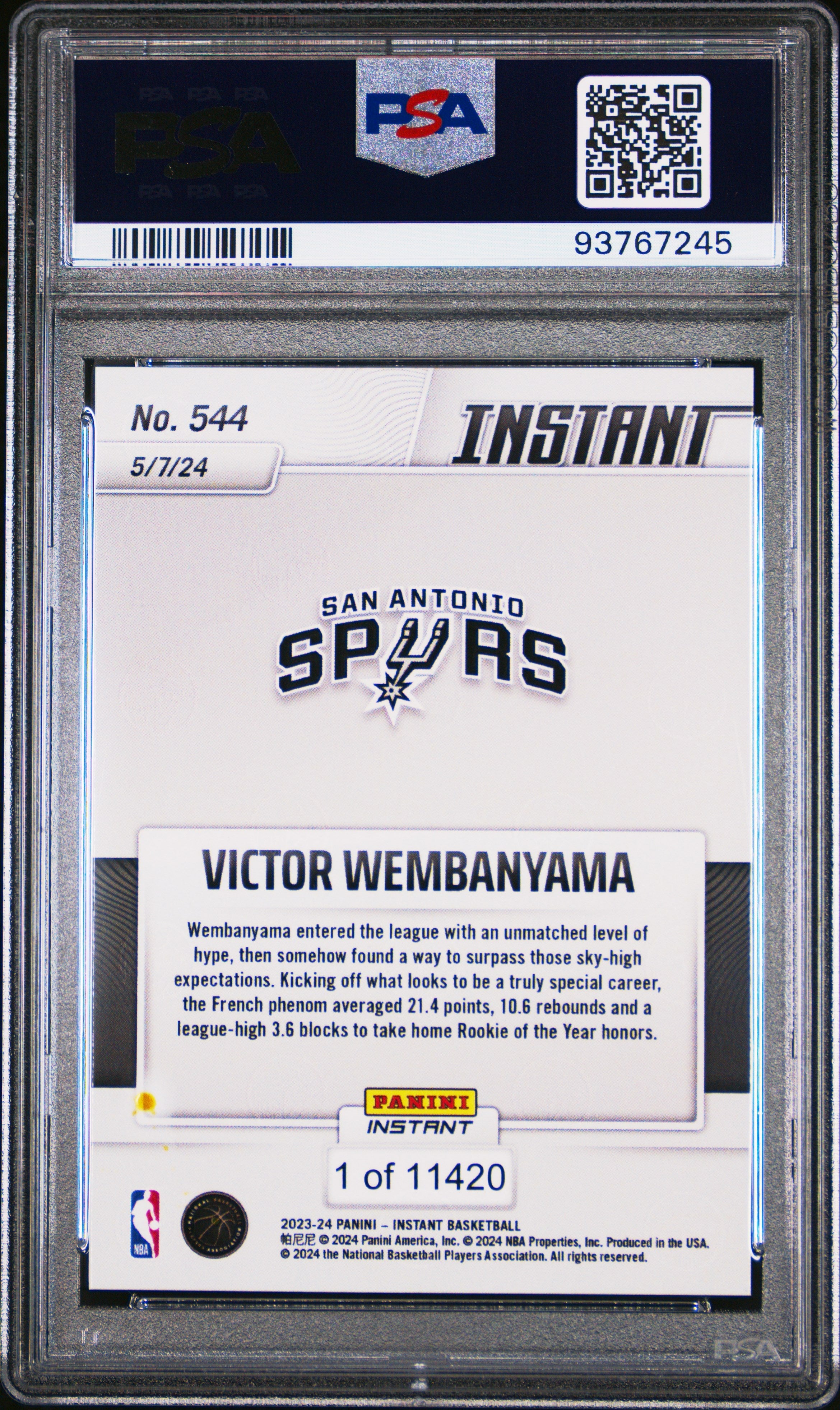 Graded 2023 Panini Instant Victor Wembanyama #544 Rookie RC Basketball Card PSA 8 Near Mint