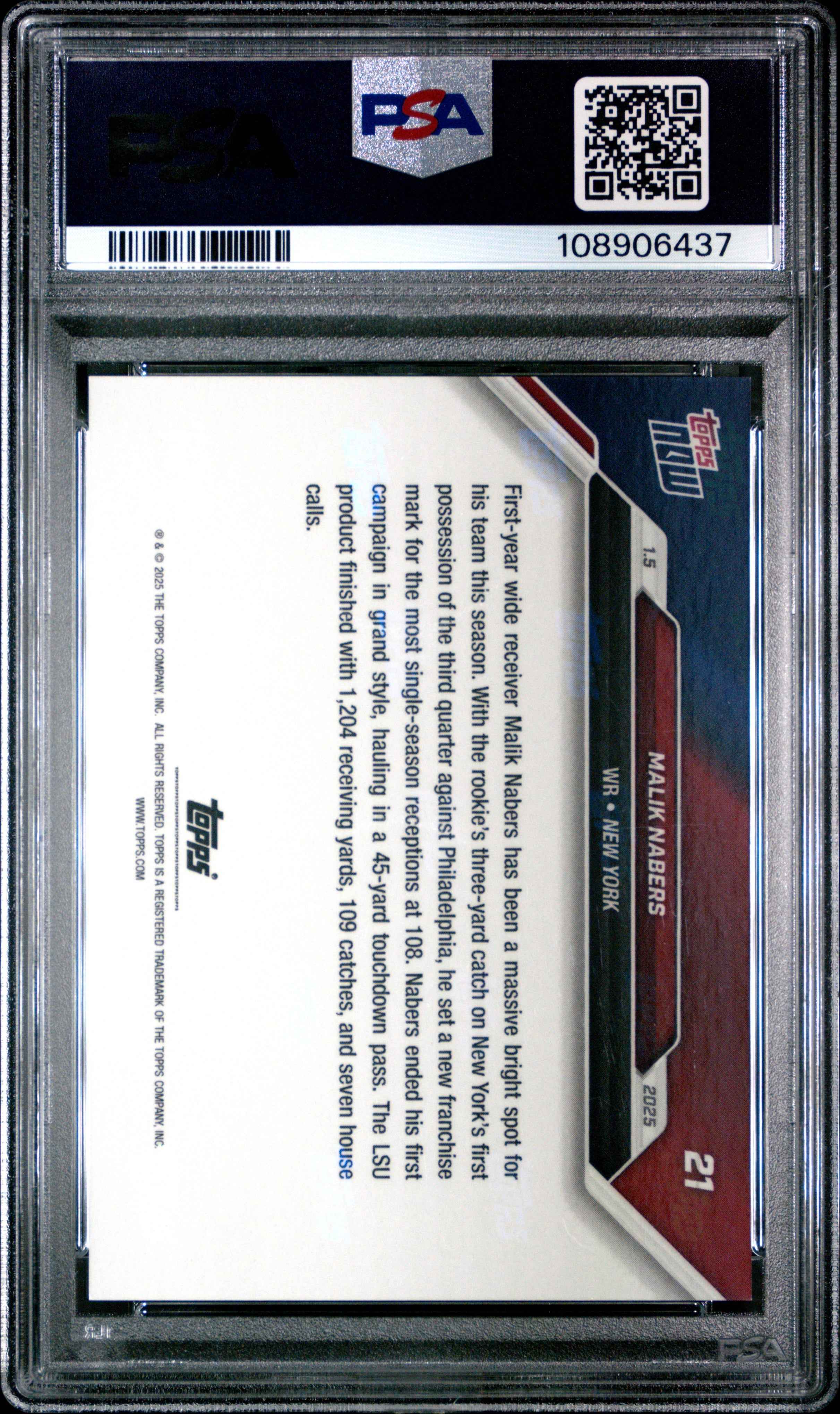 Graded 2024 Topps Now Malik Nabers #21 Purple /49 Rookie RC Football Card PSA 10 Gem Mint