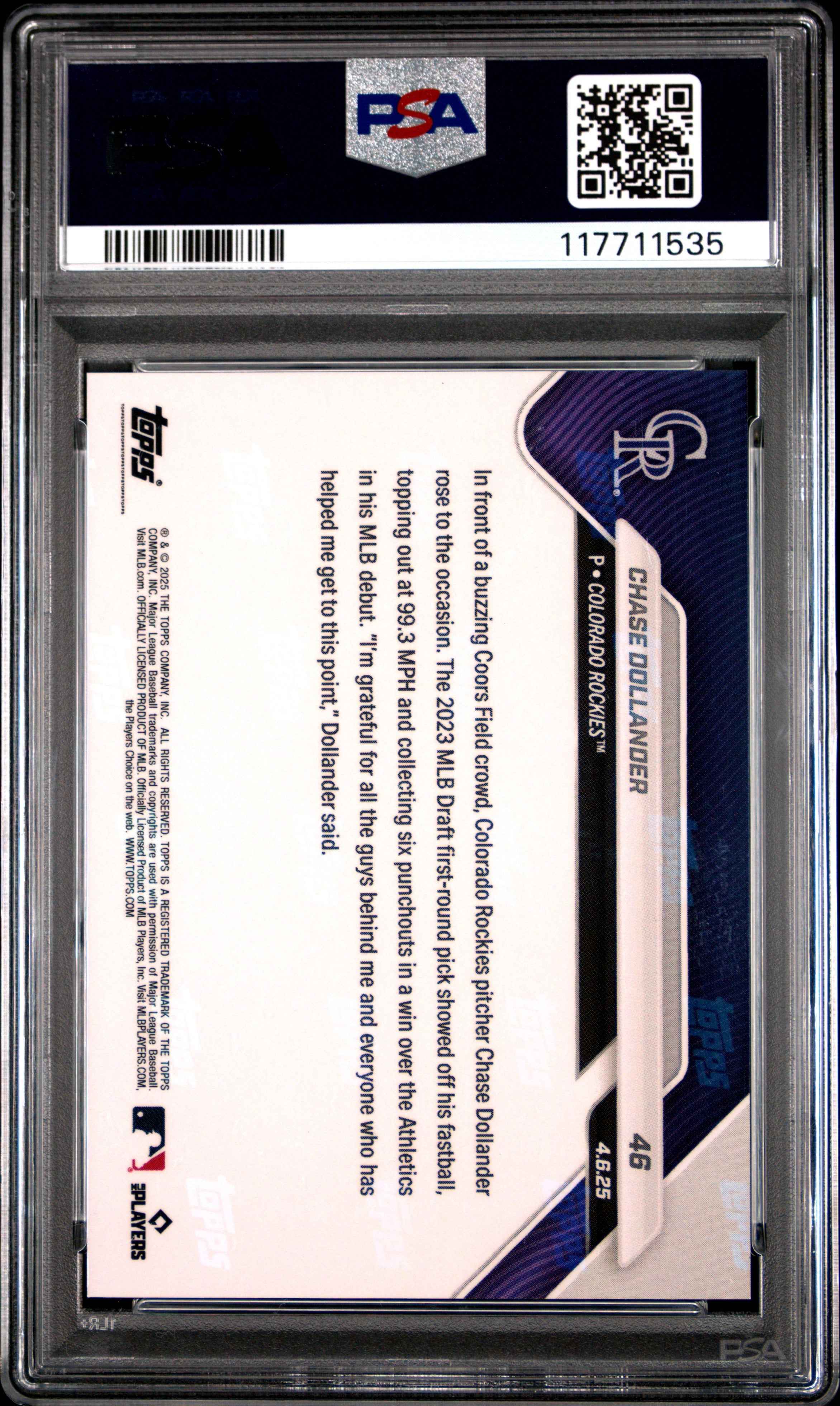 Graded 2025 Topps Now Chase Dollander #46 Rookie RC Baseball Card PSA 10 Gem Mint
