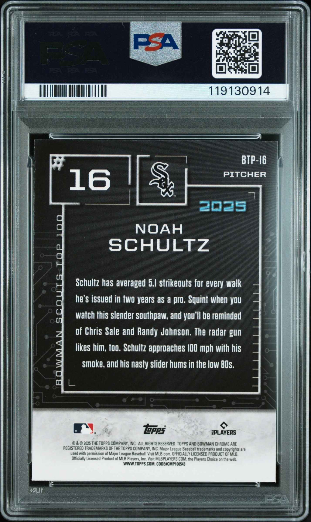 Graded 2025 Topps Bowman Noah Schultz #BTP16 Scouts Top 100 Mini Diamond /150 Rookie RC Baseball Card PSA 10 Gem Mint
