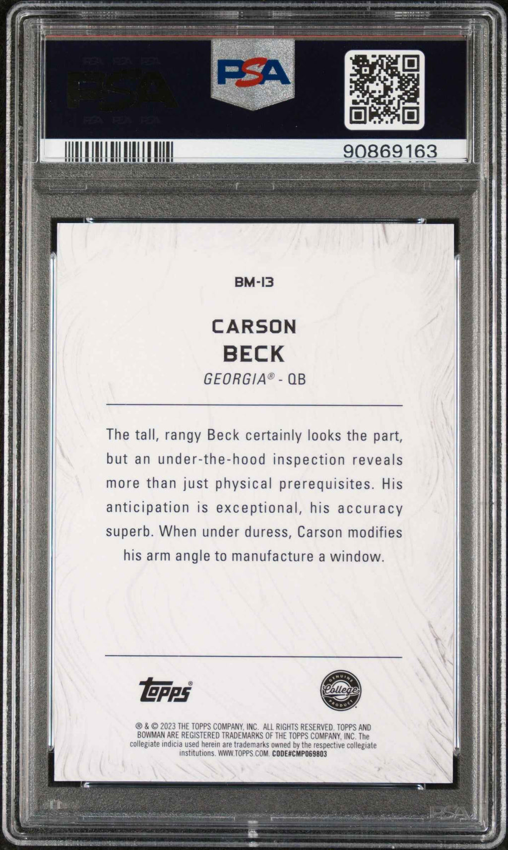 Graded 2023 Topps Bowman U Best Carson Beck #BM13 Masterpieces Geometric Rookie RC Football Card PSA 10 Gem Mint