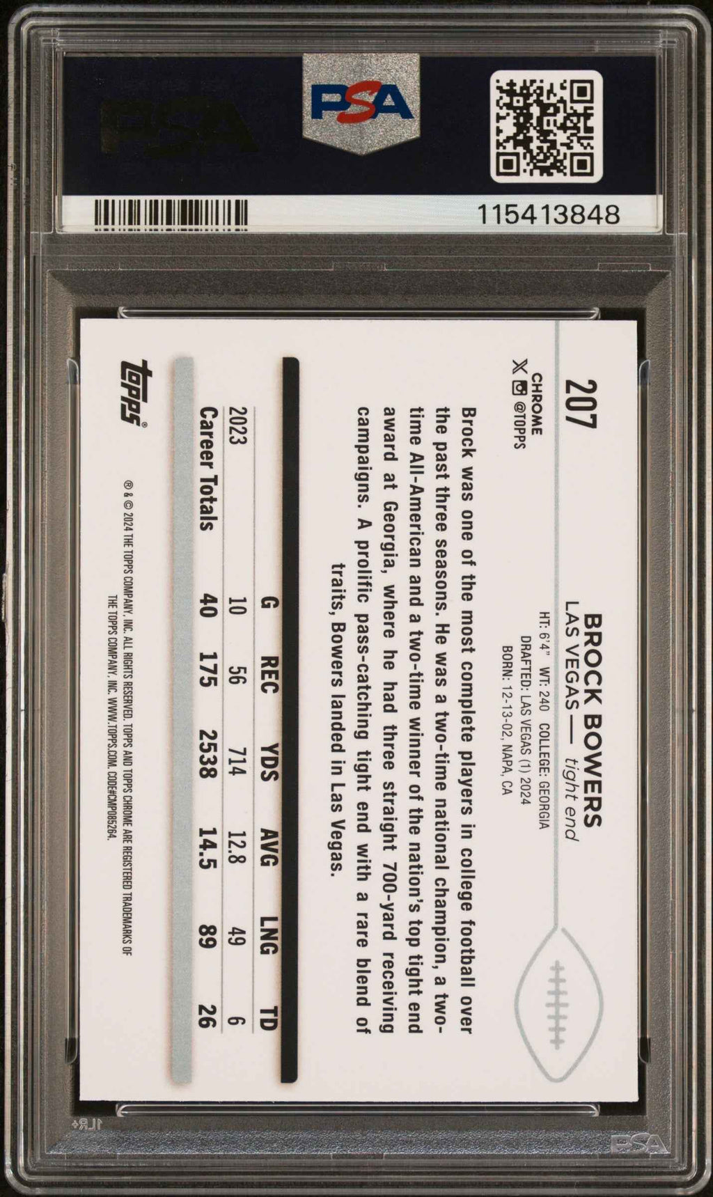 Graded 2024 Topps Chrome Brock Bowers #207 Rookie RC Football Card PSA 9 Mint