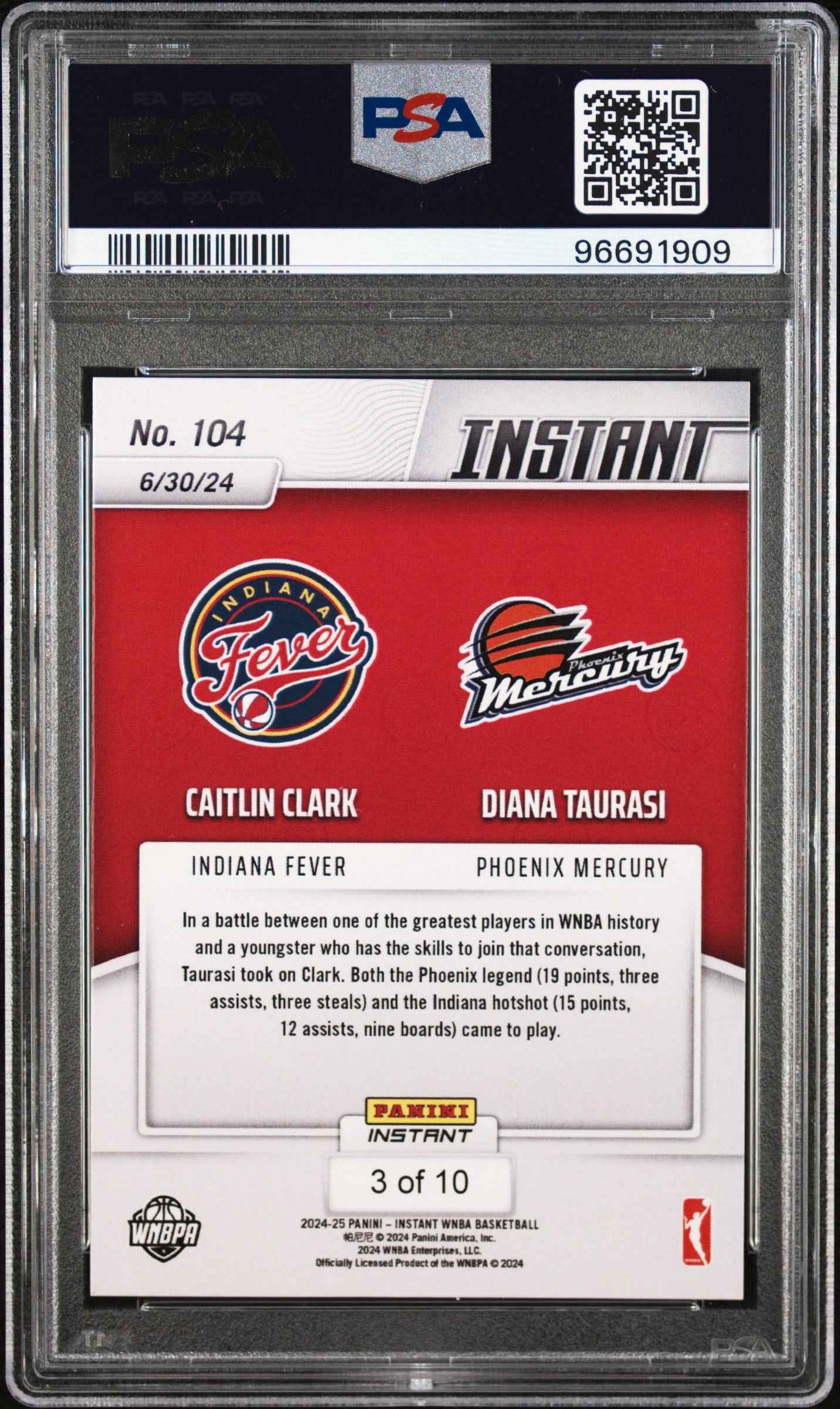 Graded 2024 Panini Instant WNBA Caitlin Clark/Diana Taurasi #104 Jaguar /10 Basketball Card PSA 8 Near Mint