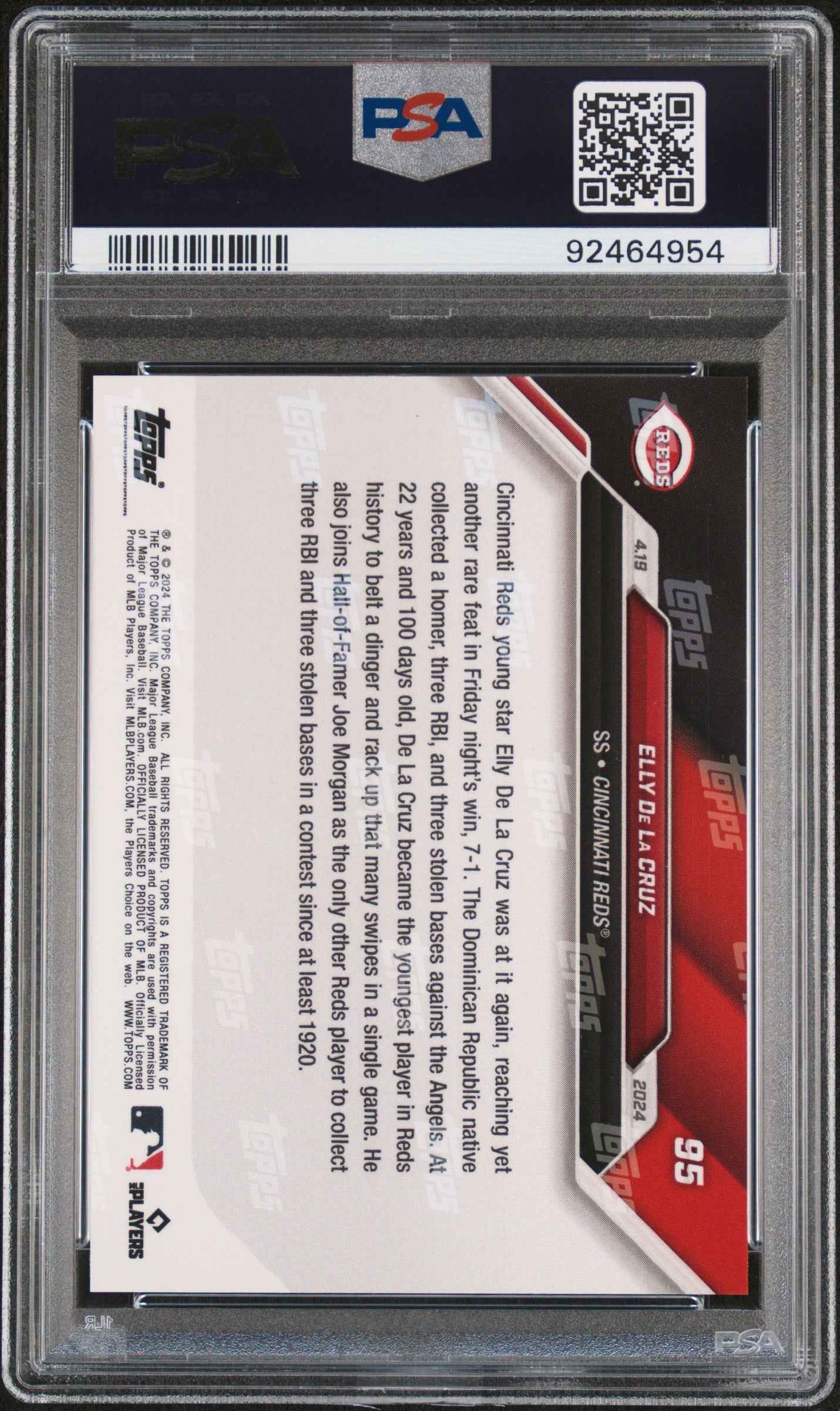 Graded 2024 Topps Now Elly De La Cruz #95 Rookie RC Baseball Card PSA 9 Mint